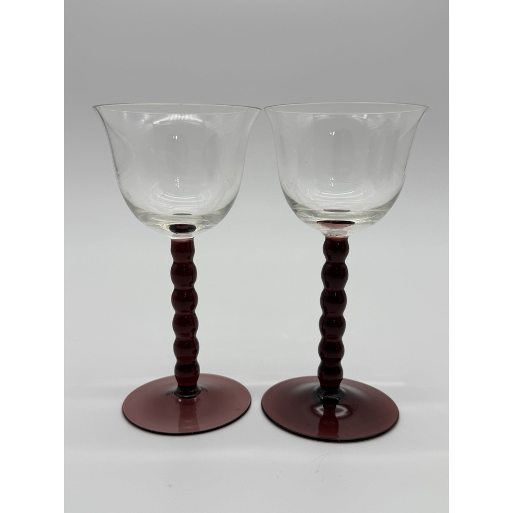 Set of 2 Cranberry Stem Wine Glasses Clear Bowl Knobby Stem Art Glass Goblets 6"